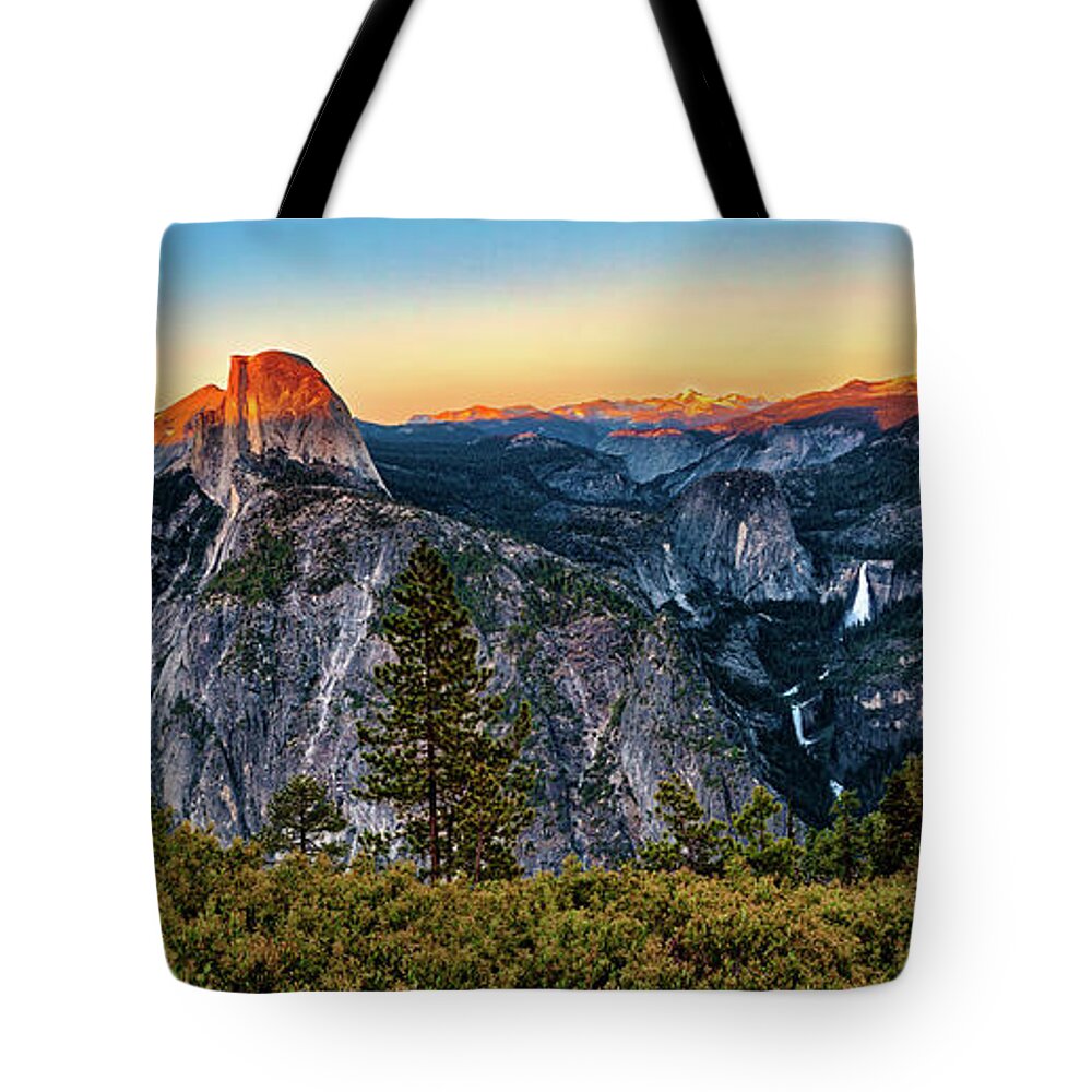 California Tote Bag featuring the photograph Half Dome Sunset at Yosemite Panorama by Dan Carmichael