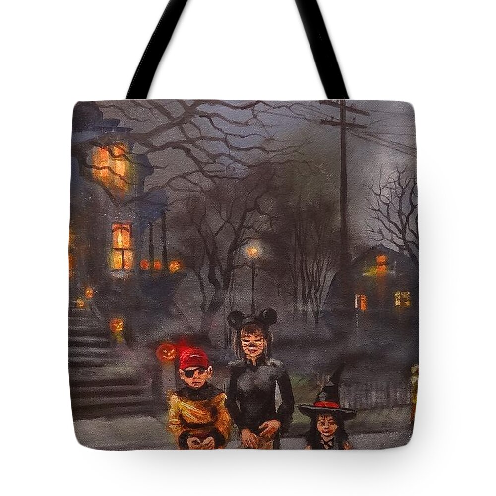Halloween Tote Bag featuring the painting Halloween Trick-or-treat center by Tom Shropshire