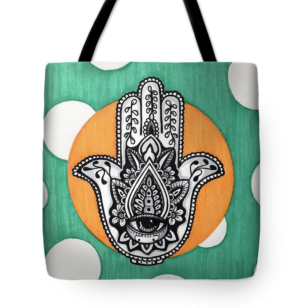 Hamsa Tote Bag featuring the drawing Hamsa on Green by Creative Spirit