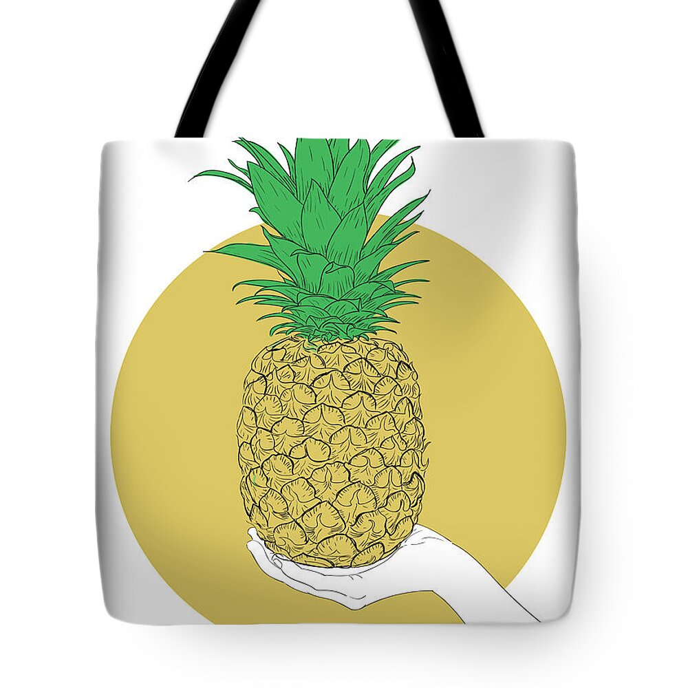 Graphic Tote Bag featuring the digital art Hand Holding Pineapple - Line Art Graphic Illustration Artwork by Sambel Pedes