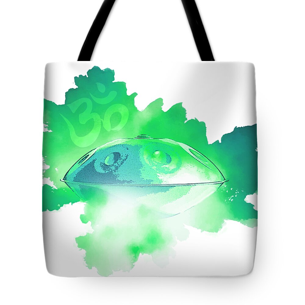 Handpan Tote Bag featuring the digital art Handpan Om in green by Alexa Szlavics