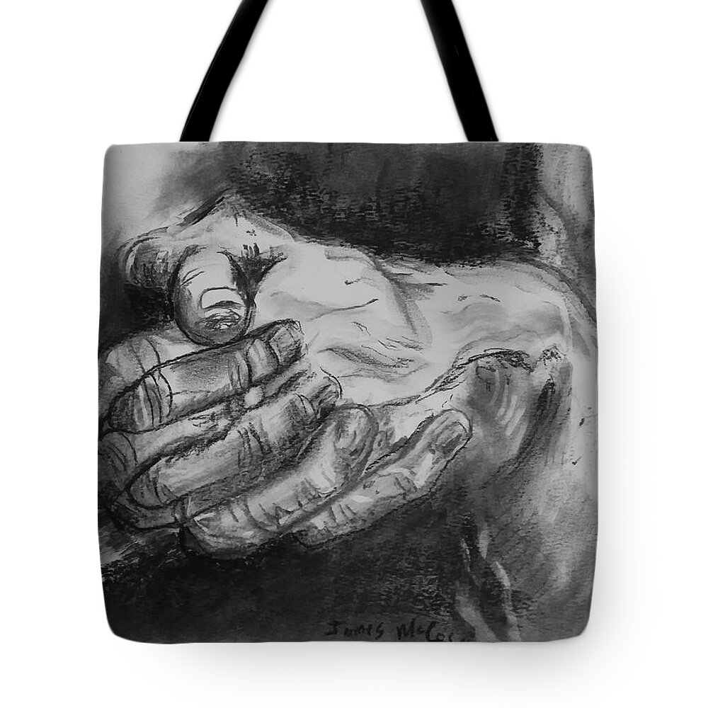 Hands Tote Bag featuring the drawing Hands 2 by James McCormack