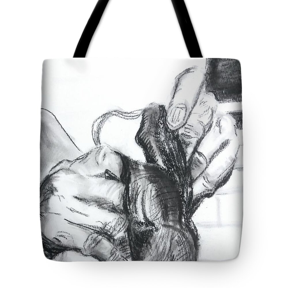 Hands Tote Bag featuring the drawing Hands holding Mask by James McCormack