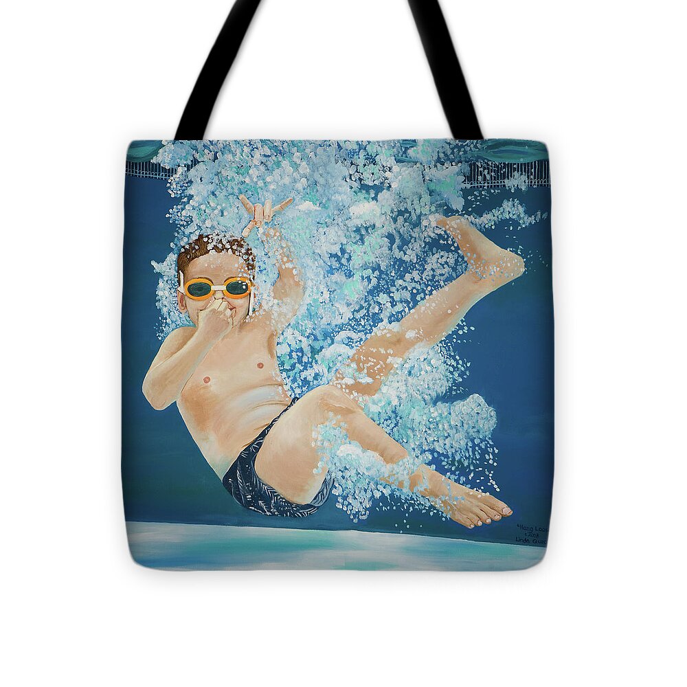 Swimming Pool Tote Bag featuring the painting Hang Loose Boy Underwater Swimming Painting by Linda Queally by Linda Queally