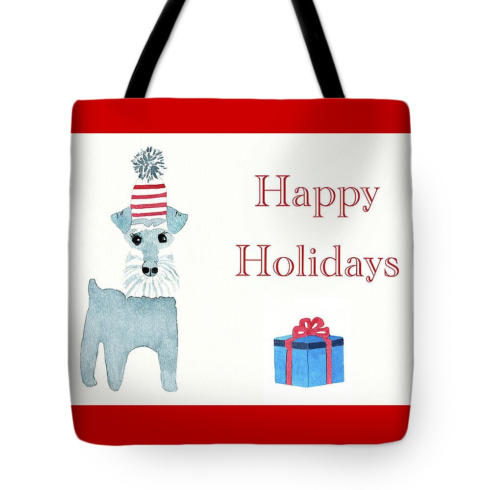 Christmas Tote Bag featuring the painting Happy Holidays Schnauzer Card and Art Print by Deborah League
