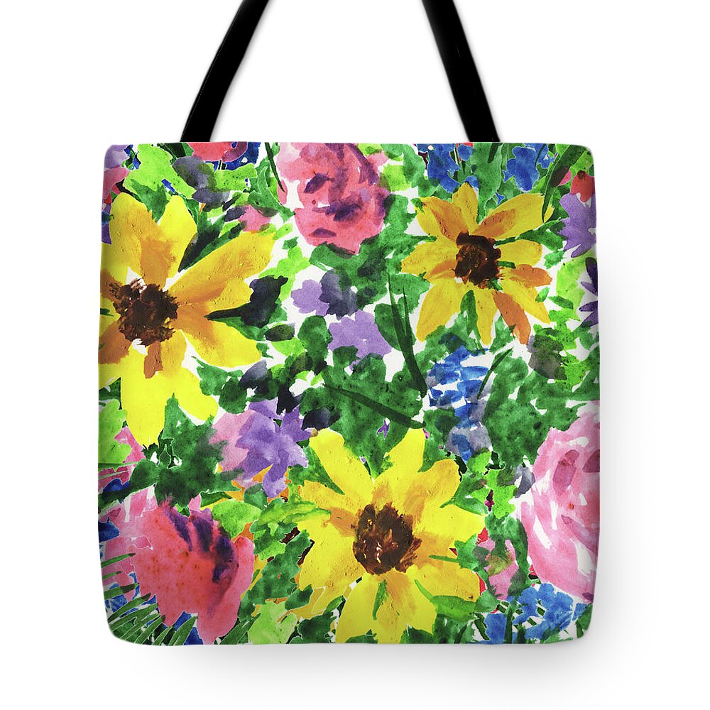 Happy Tote Bag featuring the painting Happy Impressionistic Flowers Yellow Pink Blue Watercolor Bouquet by Irina Sztukowski