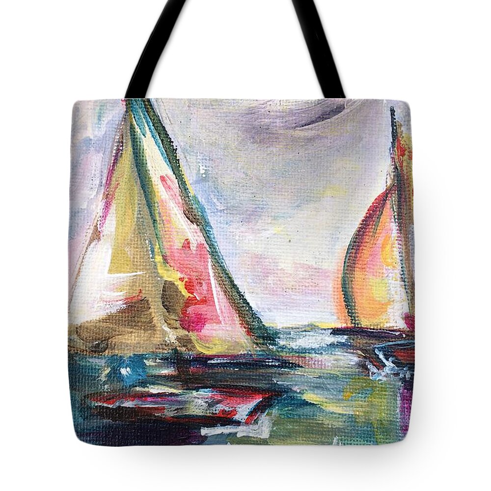 Abstract Boats Tote Bag featuring the painting Happy Sails by Roxy Rich
