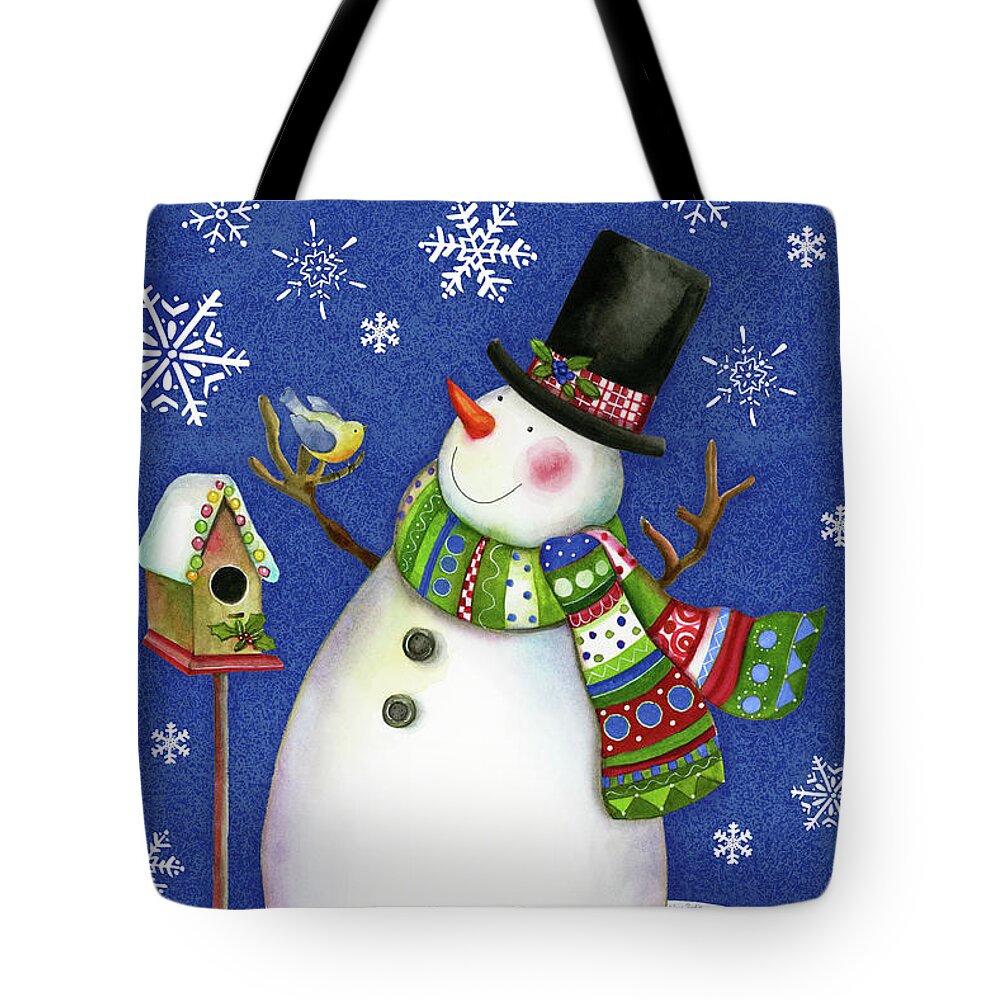 Snowman Tote Bag featuring the painting Happy Snowman with Bird Winter Wonderland by Sue Zipkin