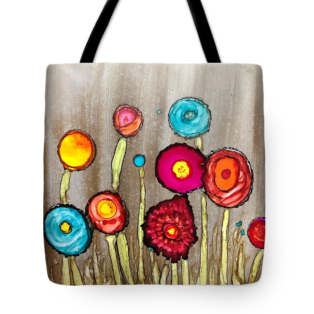 Alcohol Ink Flowers Tote Bag featuring the painting Happy Woodland Flowers #2 by Rachelle Stracke