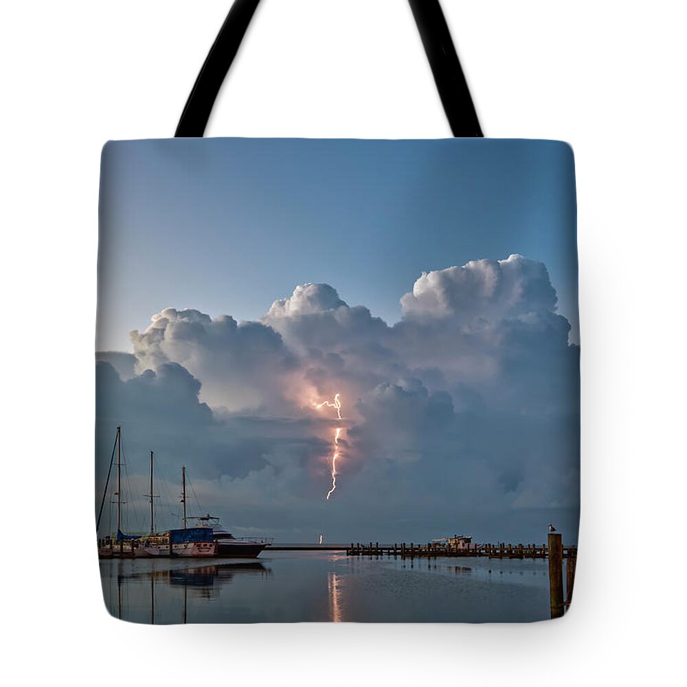 Lightning Tote Bag featuring the photograph Harbor Lightning by Ty Husak
