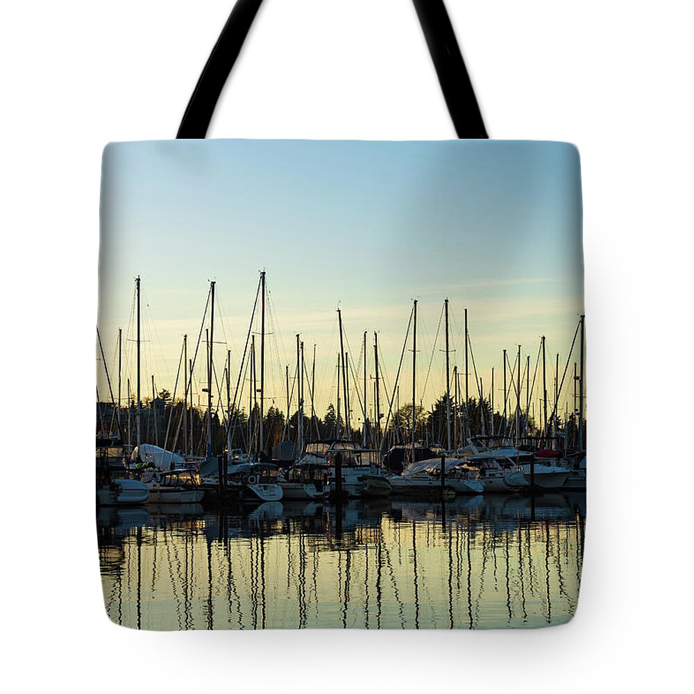 Marina Tote Bag featuring the photograph Harbor Reflection by Liz Albro