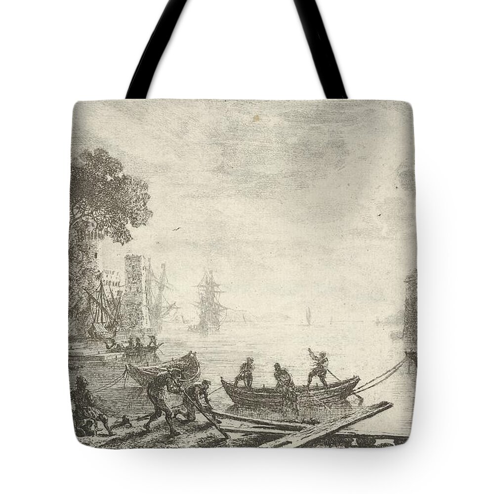 Italy Tote Bag featuring the painting Harbor with rising sun figures in foreground colonnade on left Claude by MotionAge Designs