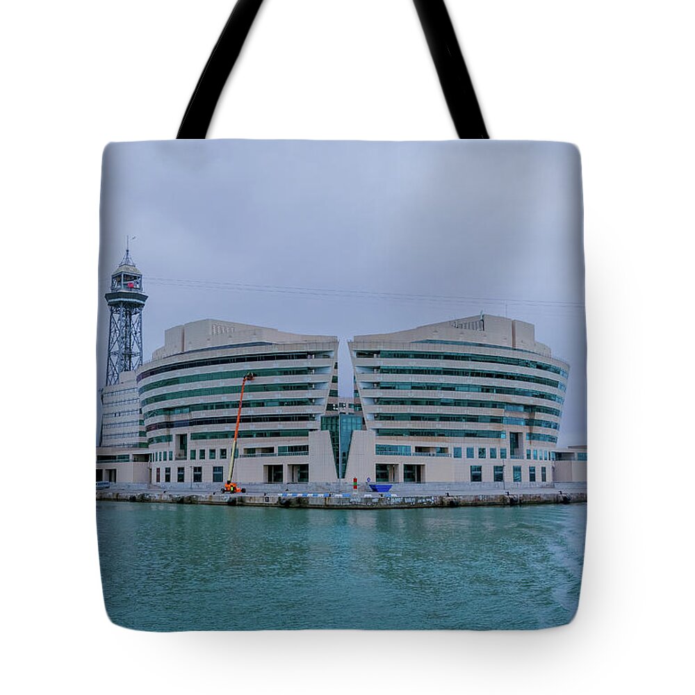 #water #nature #photography #love #travel #sea #summer #naturephotography #photooftheday #ocean #beach #sky #landscape #instagood #beautiful #lake #art #river #sun #sunset #blue #photo#green #clouds #picoftheday #life #fun #instagram #adventure #harbour Boat#theshipyardblog #sailing Tote Bag featuring the photograph Harbour Architecture Barcelona by Angela Carrion Photography