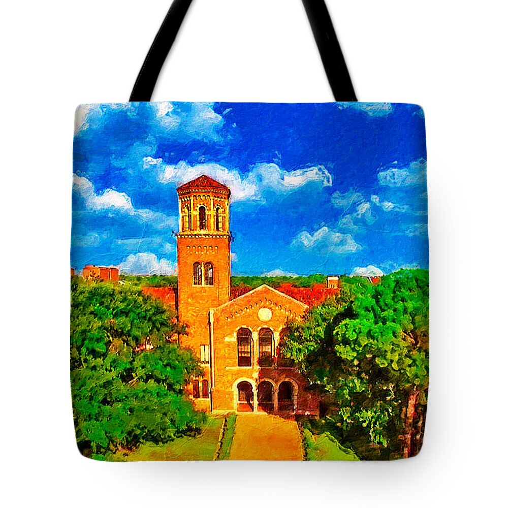 Hardin Administration Building Tote Bag featuring the digital art Hardin Administration Building at Midwestern State University in Wichita Falls - digital painting by Nicko Prints