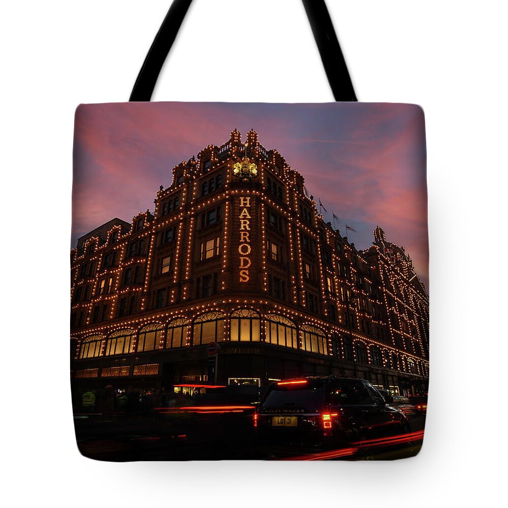 Christmas Tote Bag featuring the photograph Harrods at sunset by Andrew Lalchan