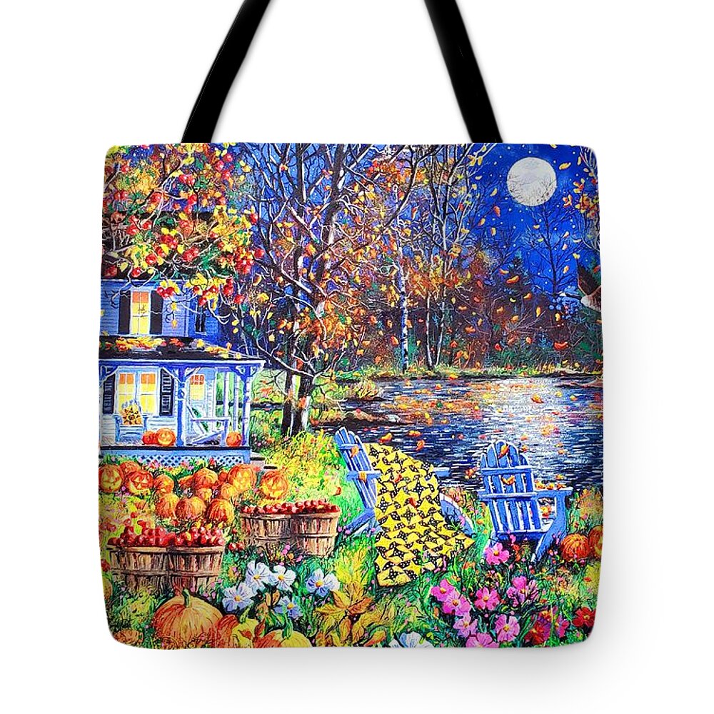 Harvest Moon Featuring A Full Moon On A Halloween Evening Tote Bag featuring the painting Harvest Moon by Diane Phalen