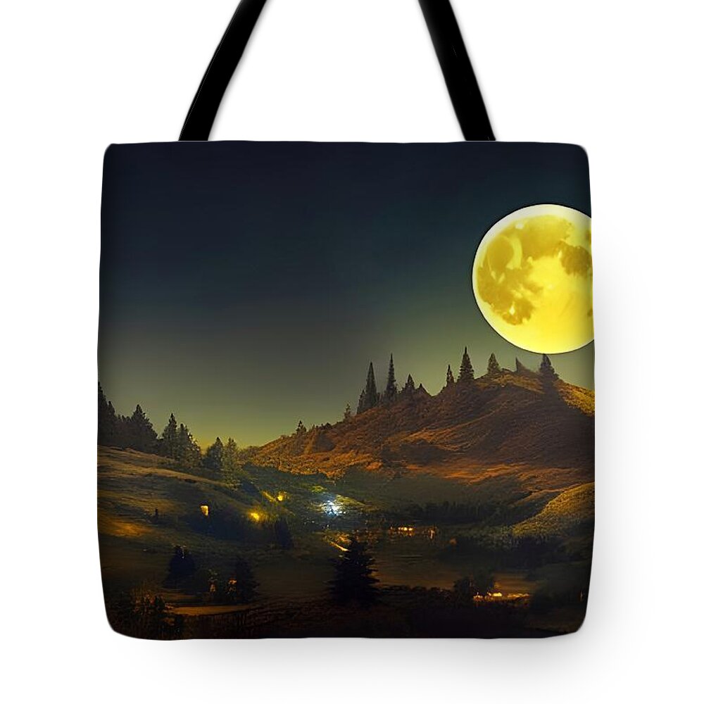 Digital Tote Bag featuring the digital art Harvest Moon Over Farm by Beverly Read
