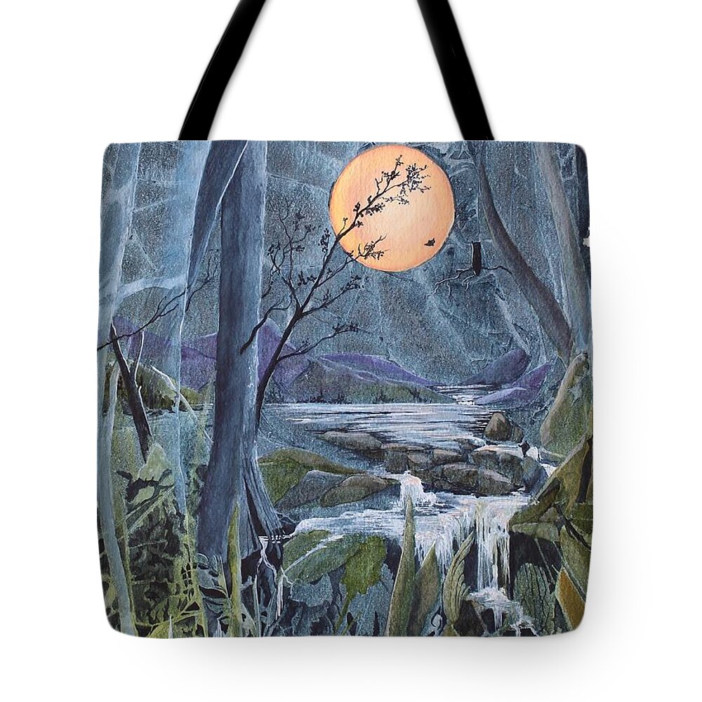 Moon Tote Bag featuring the painting Harvest Moon - The Lakes by Jackie Mueller-Jones