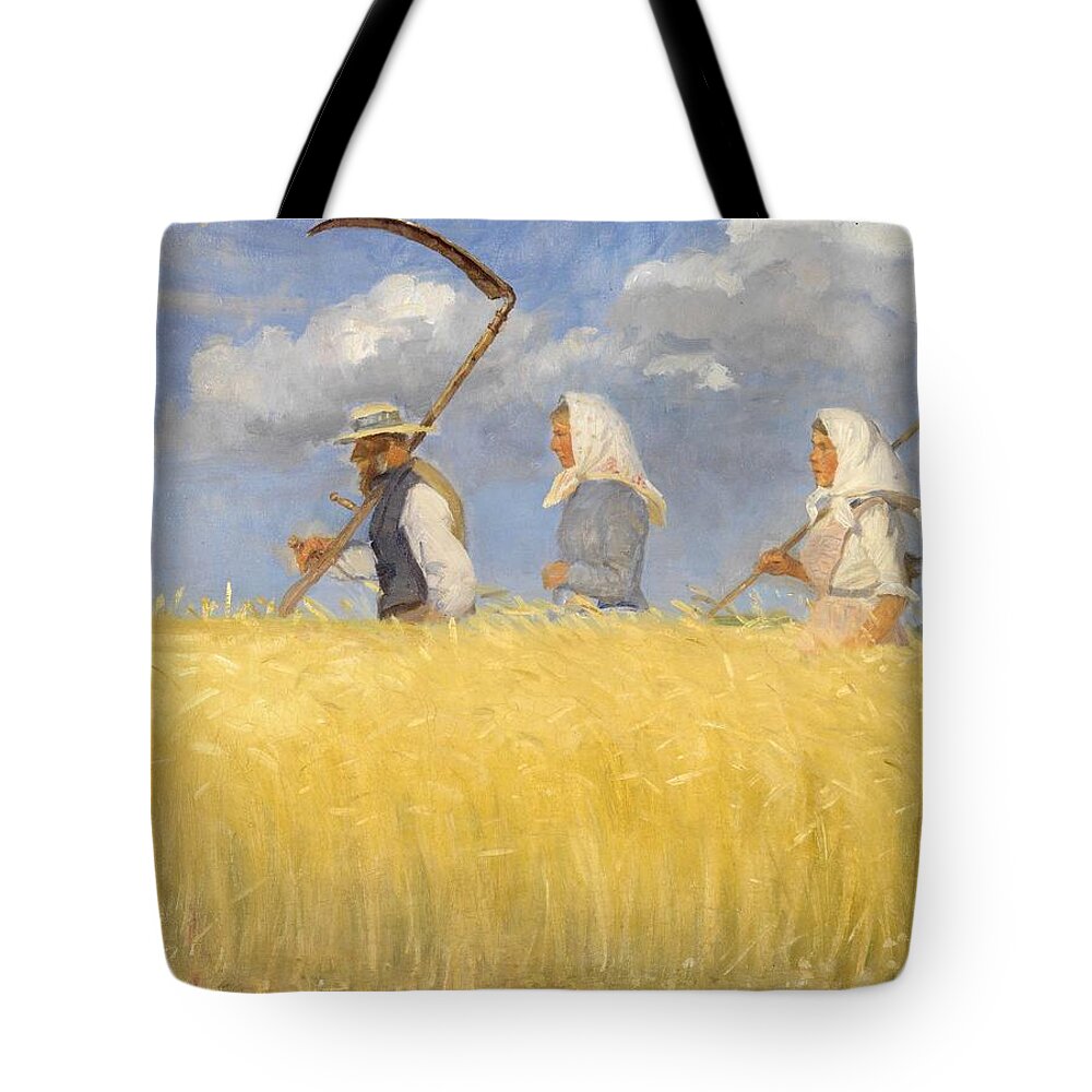  Tote Bag featuring the drawing Harvesters #1 by Anna Ancher
