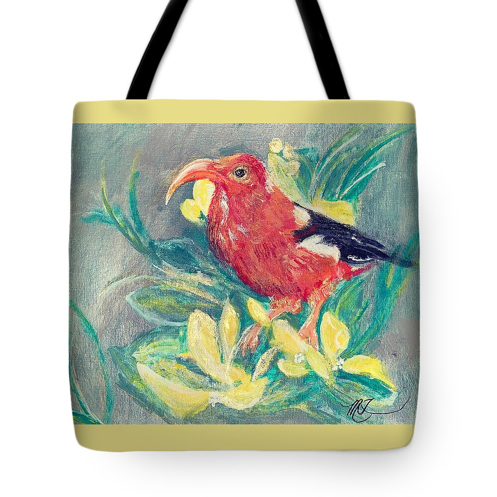 Bird Tote Bag featuring the painting Hawaiian Honeycreeper by Melody Fowler
