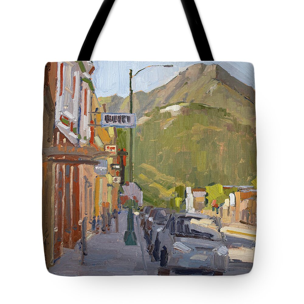 Ouray Tote Bag featuring the painting Mount Abrams From Main Street - Ouray, Colorado by Paul Strahm