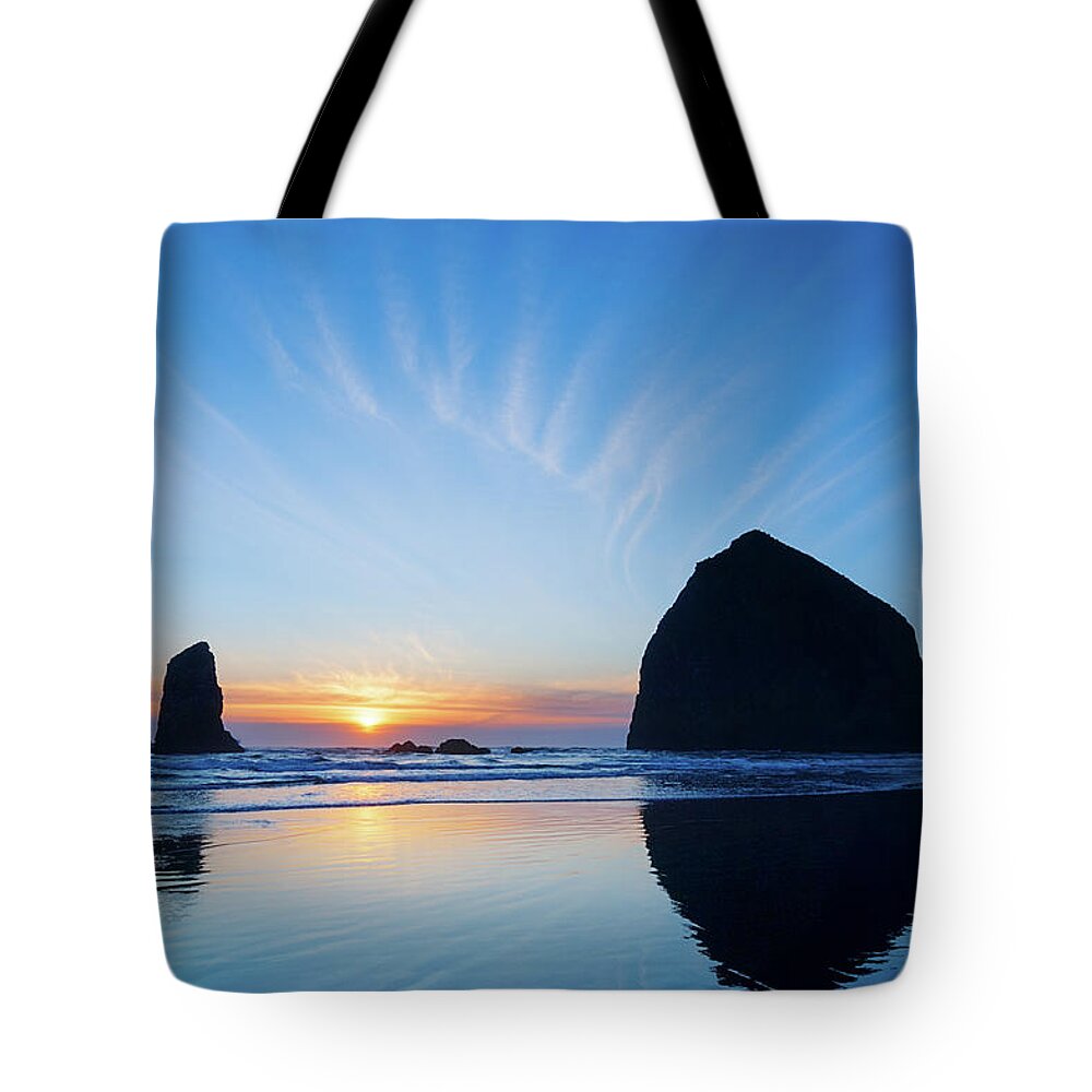 Cannon Tote Bag featuring the photograph Haystack Rock at Sunset by Patrick Campbell