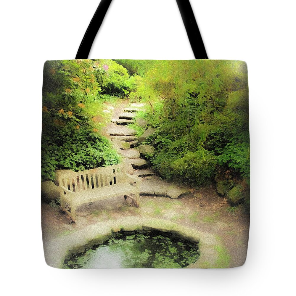 Pond Water Bench Stone Steps Fog Tote Bag featuring the photograph Hazy Pond by John Linnemeyer