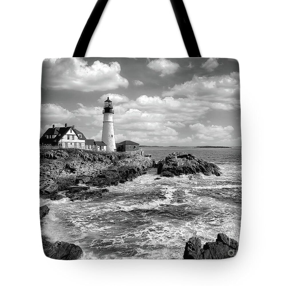 Lighthouses Tote Bag featuring the photograph Head Light of Portland in B-W by DB Hayes