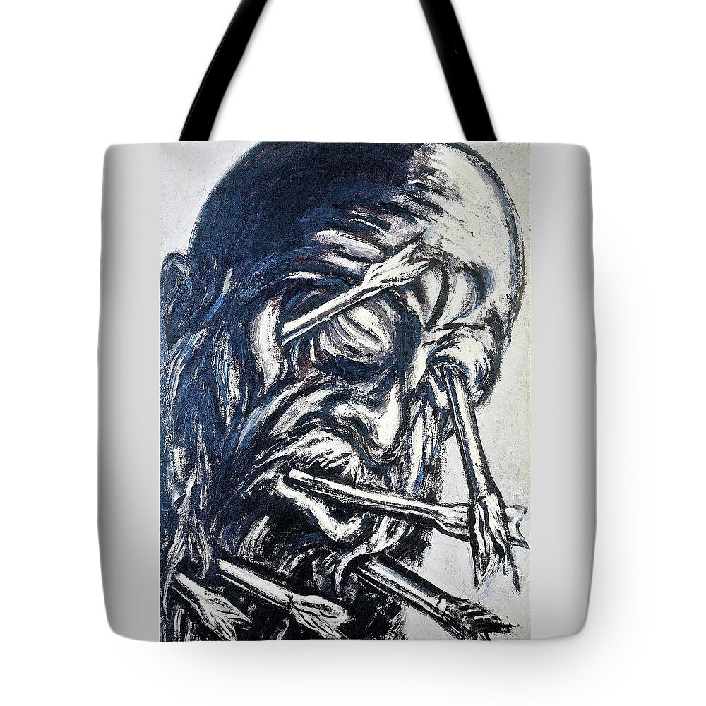 Head Pierced With Arrows Tote Bag featuring the painting Head Pierced with Arrows, from the Los teules series - Digital Remastered Edition by Jose Clemente Orozco