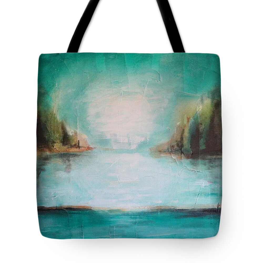 Sky Water Landscape Seascape Abstract Sea Light Dark Shadow Reflection Trees Islands Shore Blue Green Yellow Black Brown White Tote Bag featuring the painting Heartache by Ida Eriksen
