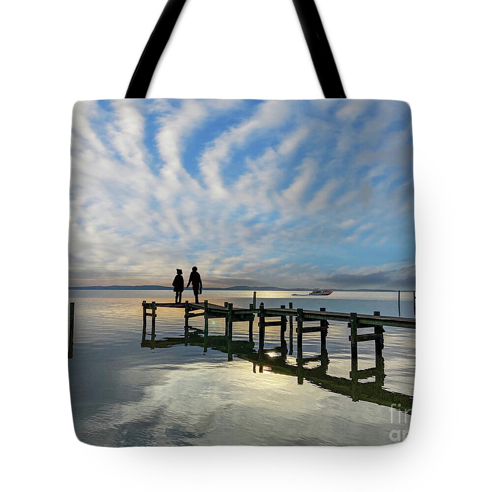 Heavenly Perception And Earthly. Wooden Pier Over Water A Surrealistic Adventure Tote Bag featuring the photograph Heavenly Perception by David Zanzinger