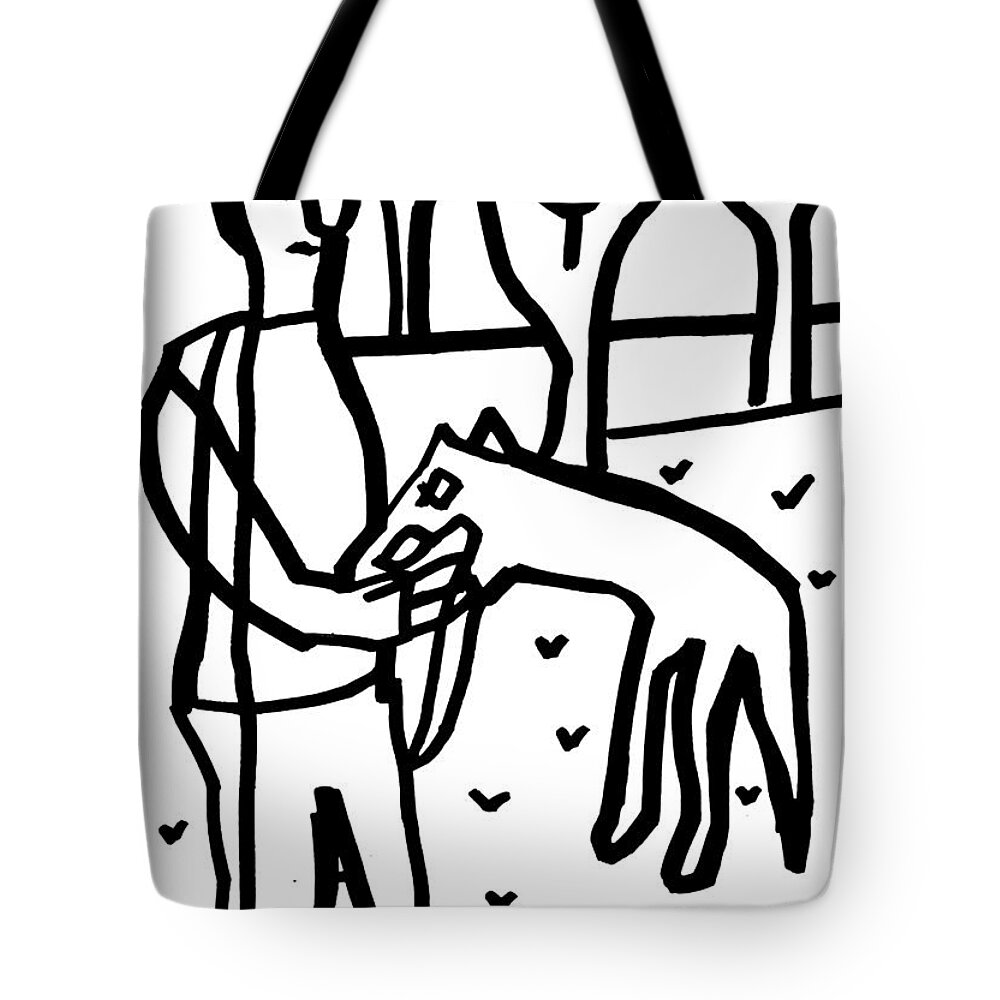 Wolf Tote Bag featuring the drawing Heckel's Horse Jr. Wolf Feed by Edgeworth Johnstone