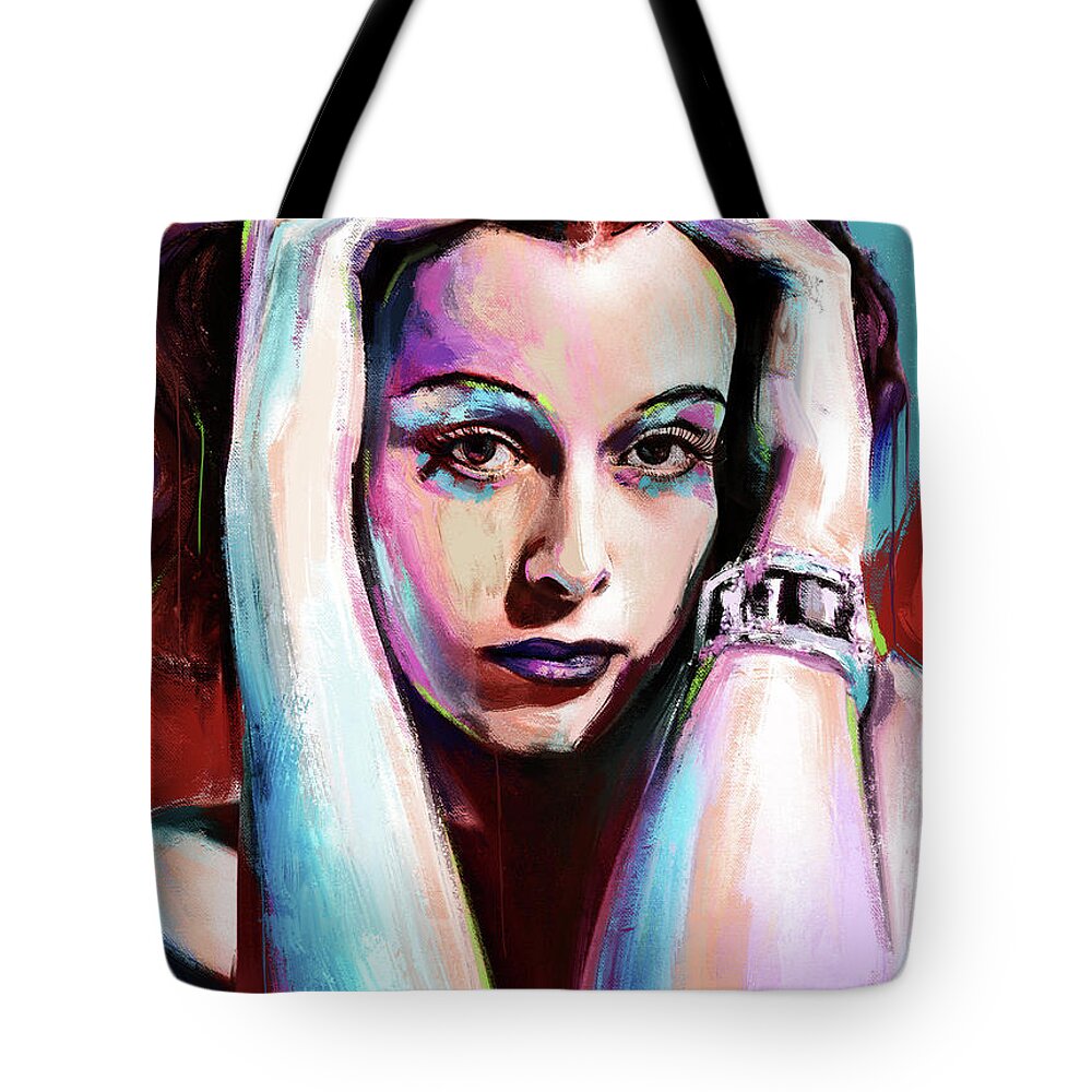 Hedy Lamarr Tote Bag featuring the painting Hedy Lamarr painting by Movie World Posters