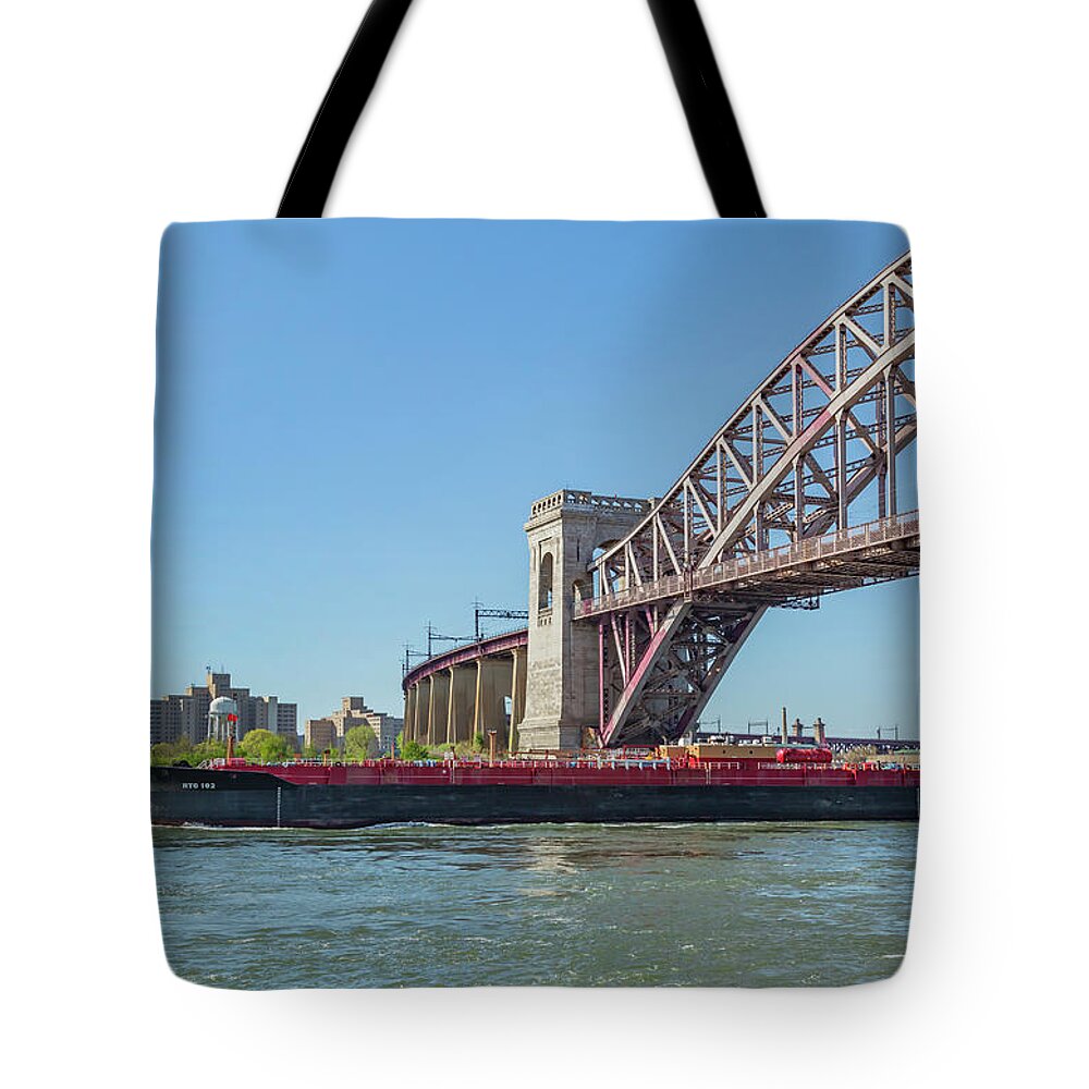 Astoria Park Tote Bag featuring the photograph Hell Gate and Tank Barge by Cate Franklyn
