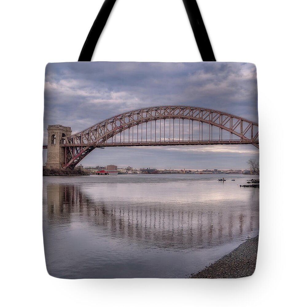 Hell Gate Bridge Tote Bag featuring the photograph Hell Gate Bridge Arch Reflection by Cate Franklyn