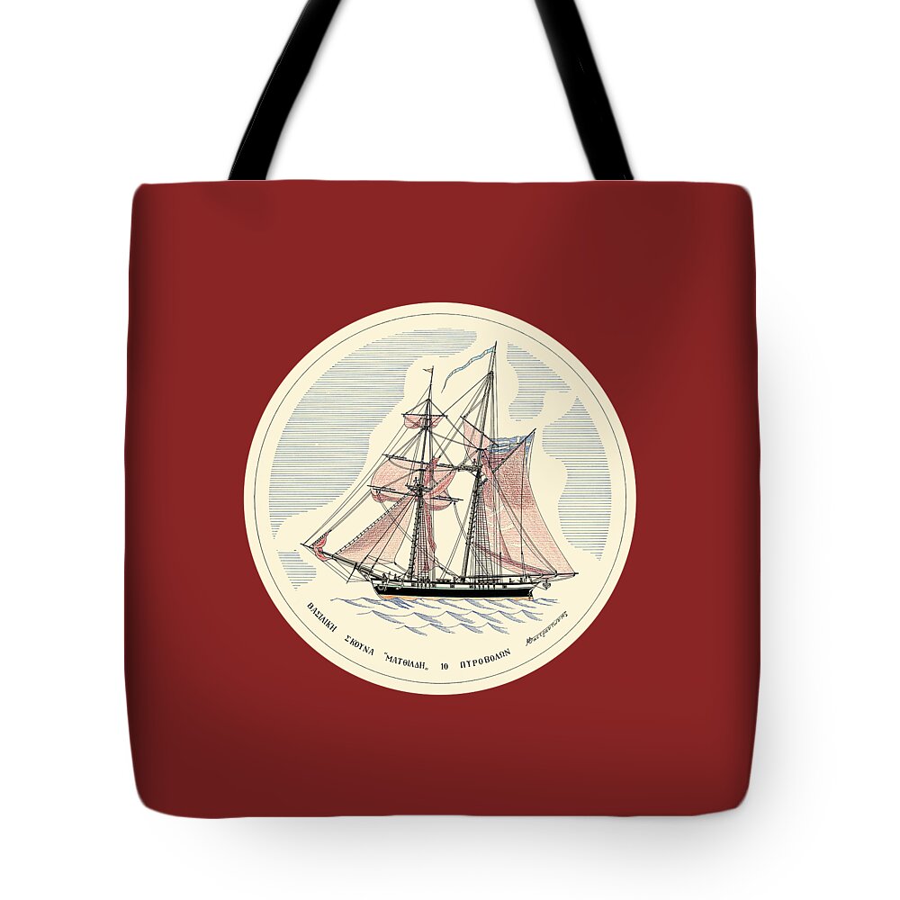 Historic Vessels Tote Bag featuring the drawing Hellenic schooner Mathilde - miniature by Panagiotis Mastrantonis