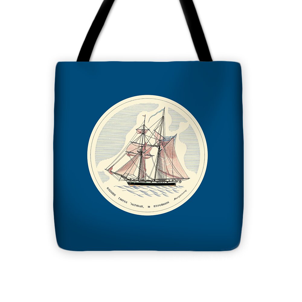 Historic Vessels Tote Bag featuring the drawing Hellenic schooner Mathilde - miniature with colored border by Panagiotis Mastrantonis