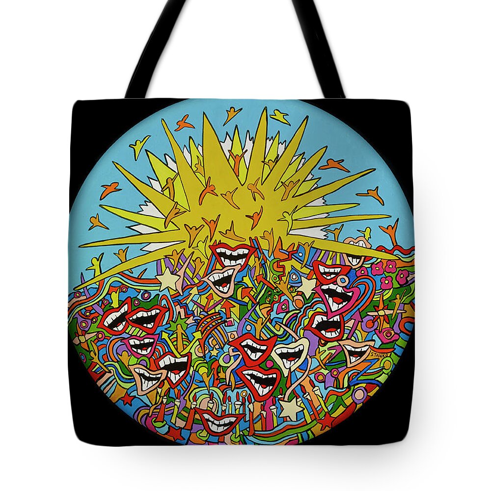 Sunshine Happy Faces Summer Tote Bag featuring the painting Hello Sunshine by Mike Stanko