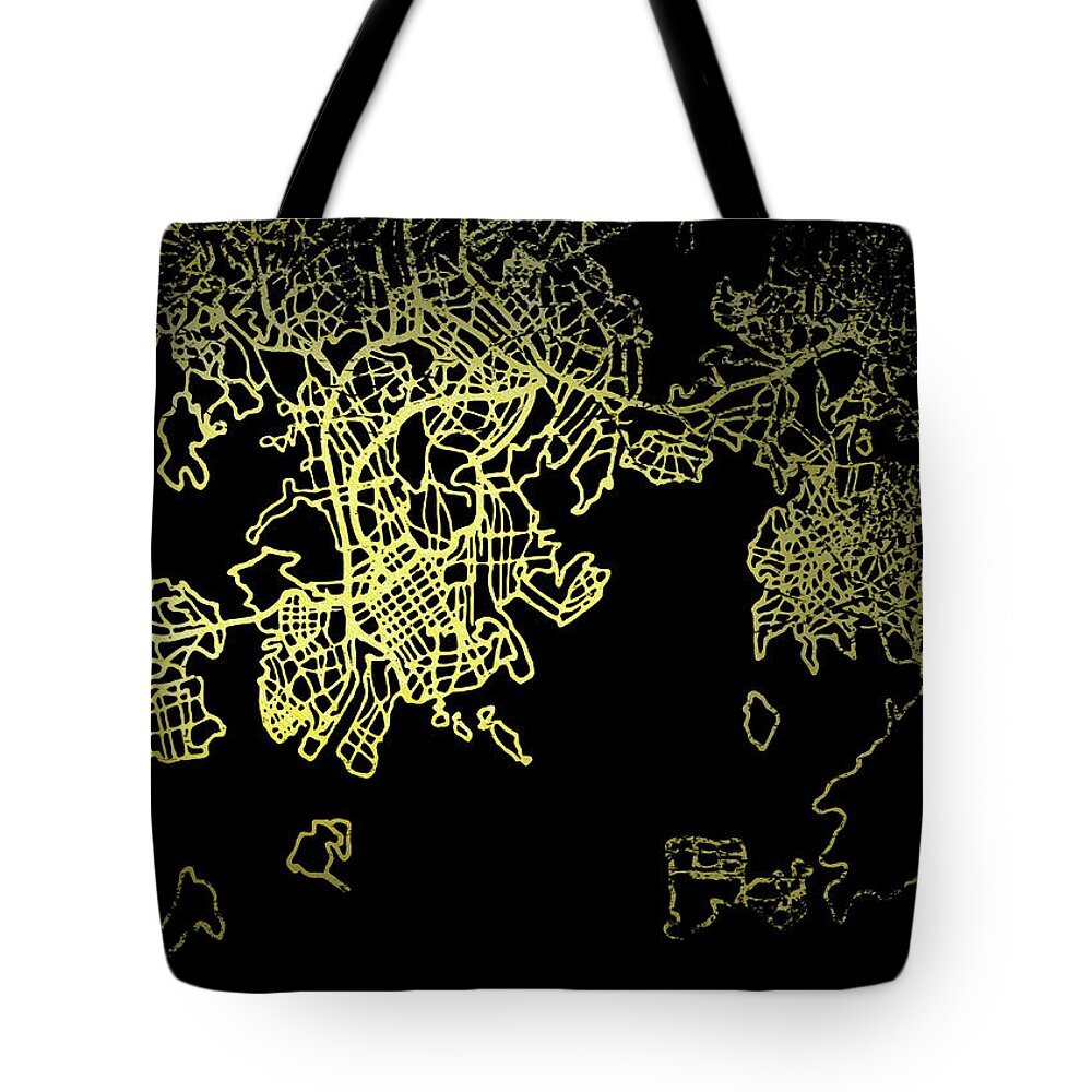Map Tote Bag featuring the digital art Helsinki Map in Gold and Black by Sambel Pedes