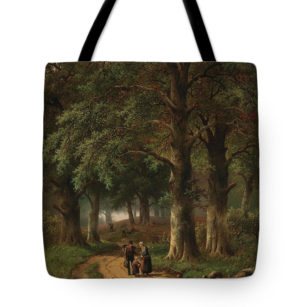 Hendrik Barend Koekkoek (amsterdam 1849-1909 London) Encounter On The Woodland Path Tote Bag featuring the painting Hendrik Barend Koekkoek by MotionAge Designs