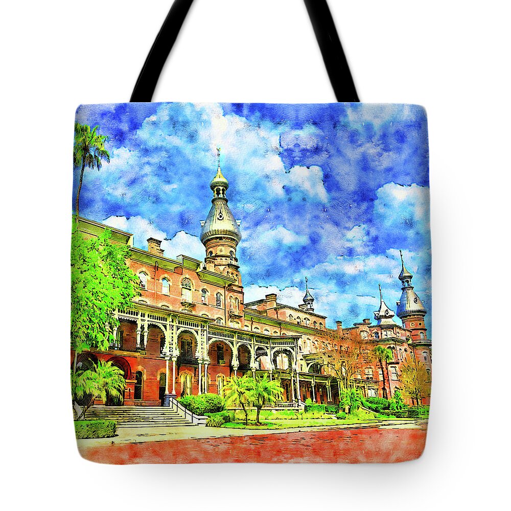 Henry B. Plant Museum Tote Bag featuring the digital art Henry B. Plant Museum in Tampa, Florida - pen and watercolor by Nicko Prints