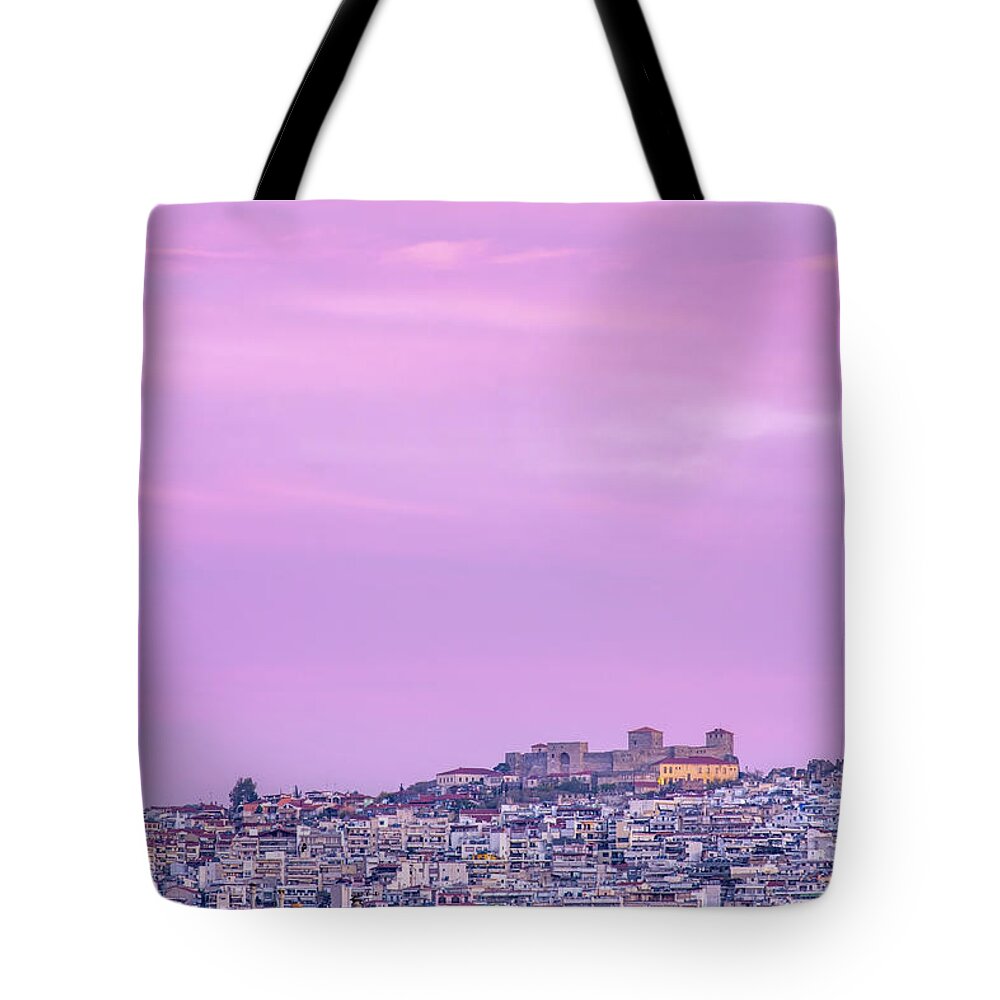 Heptapyrgio Tote Bag featuring the photograph Heptapyrgion aka Yedi Kule at Thessaloniki in Greece at Dusk by Alexios Ntounas