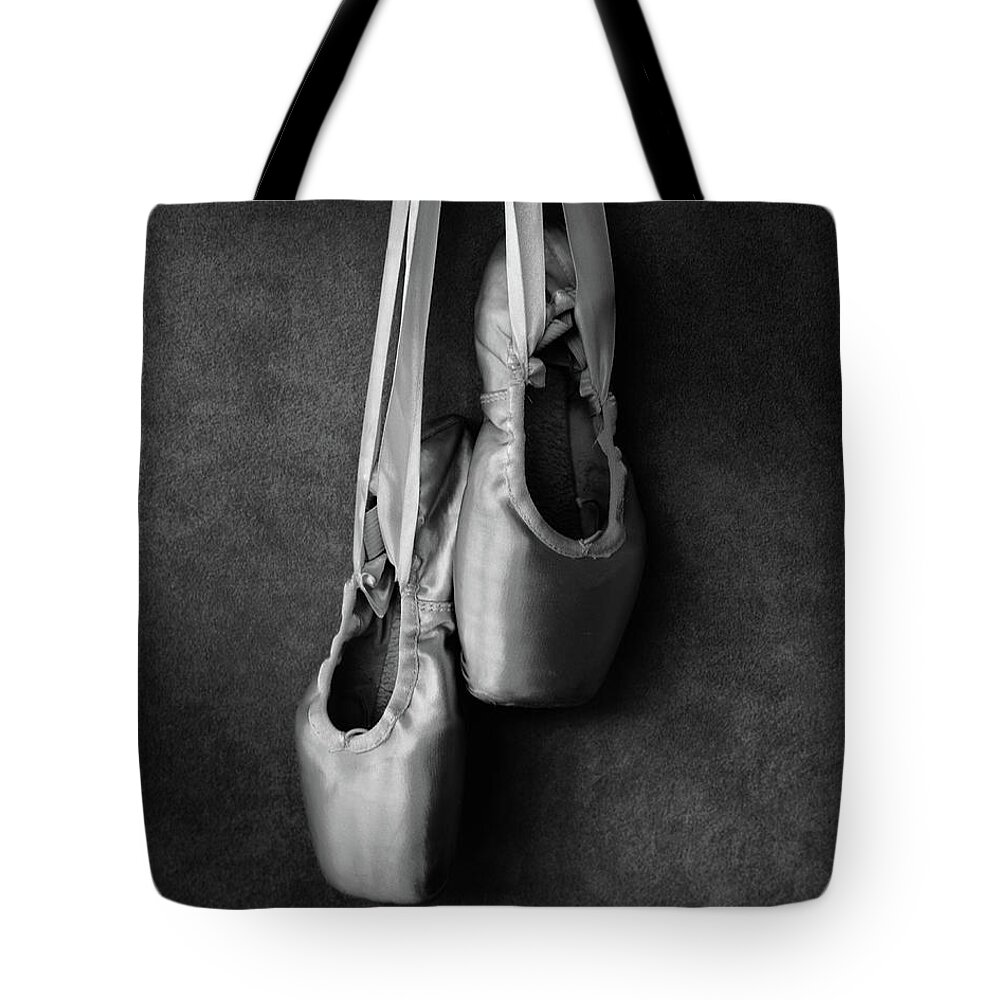 Dance Tote Bag featuring the photograph Her Pointe Shoes bw by Laura Fasulo