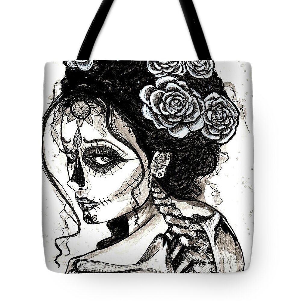 Her Tote Bag featuring the mixed media HER Sugar Skull by Kenneth Pope