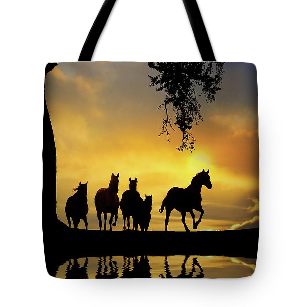 Horse Tote Bag featuring the photograph Herd of Horses in Southwestern Colored Sunset Oak Tree Reflected in Pond of Water by Stephanie Laird