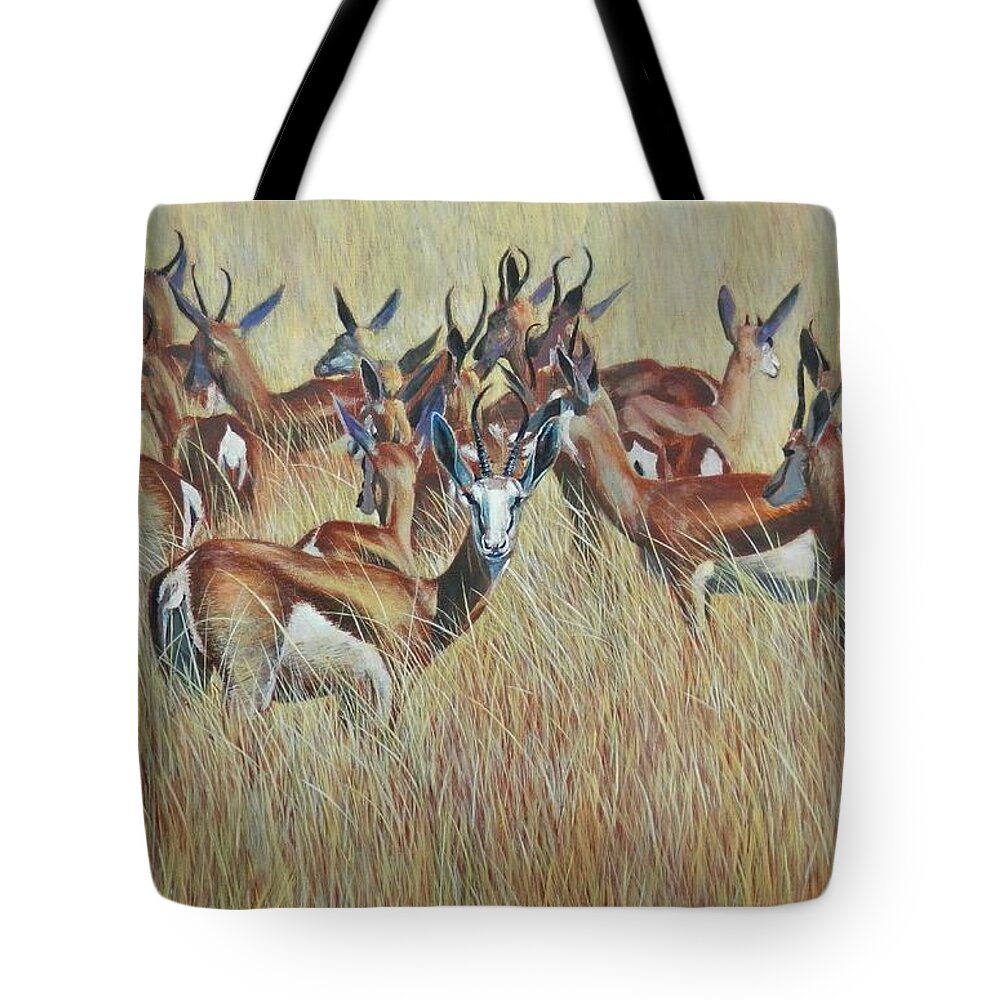 Springbok Tote Bag featuring the painting Herd of Springbok by John Neeve