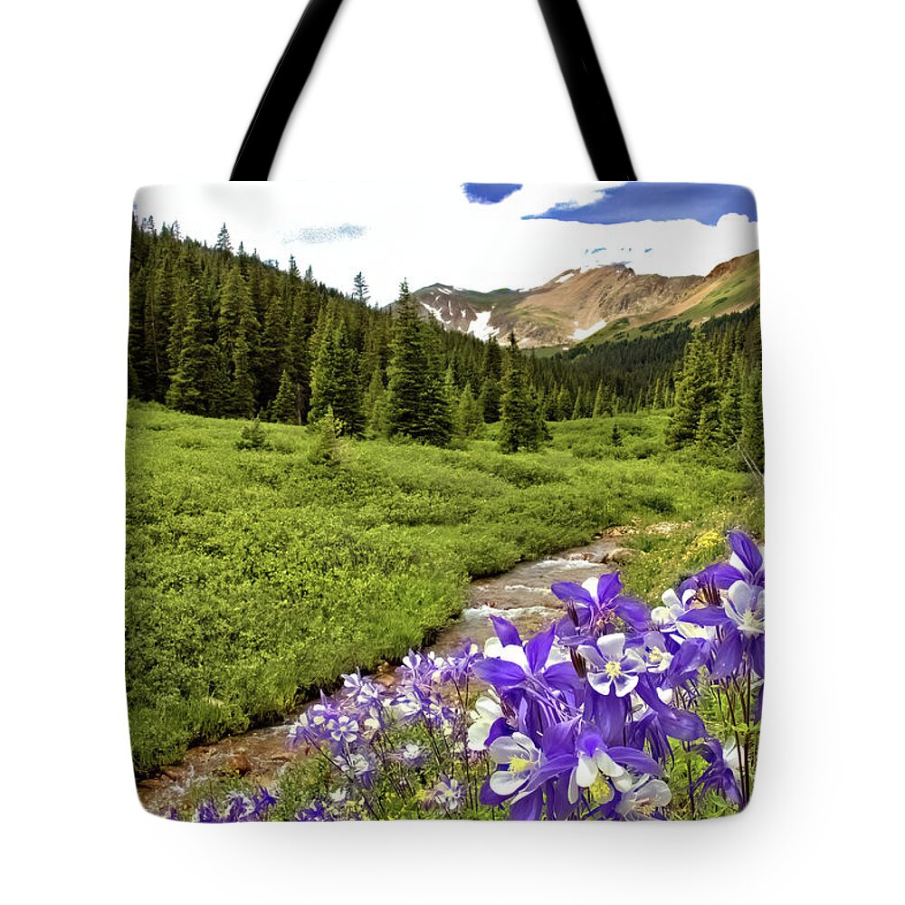 Columbines Tote Bag featuring the photograph Herman Gulch Columbines by Bob Falcone