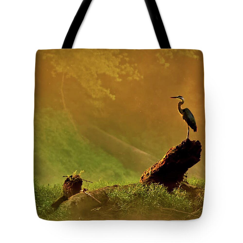Mist Tote Bag featuring the photograph Heron at Dawn by Robert Charity