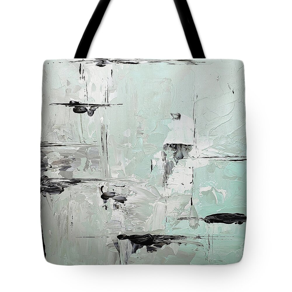 Mint Tote Bag featuring the painting He's Watching Abstract Painting in Mint Green Taupe Black White by Lynnie Lang