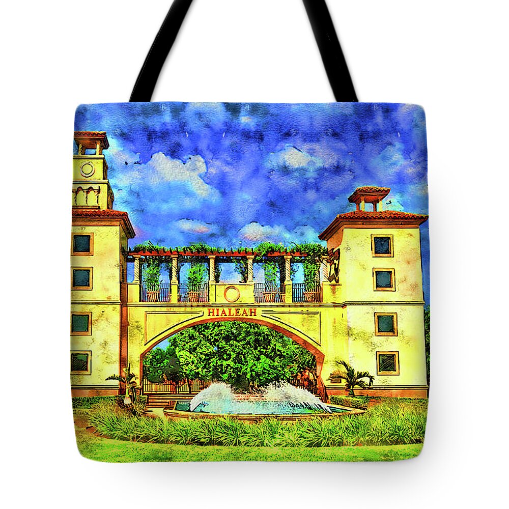 Hialeah Fountain Tote Bag featuring the digital art Hialeah Fountain and Entrance Plaza Park - pen and watercolor by Nicko Prints